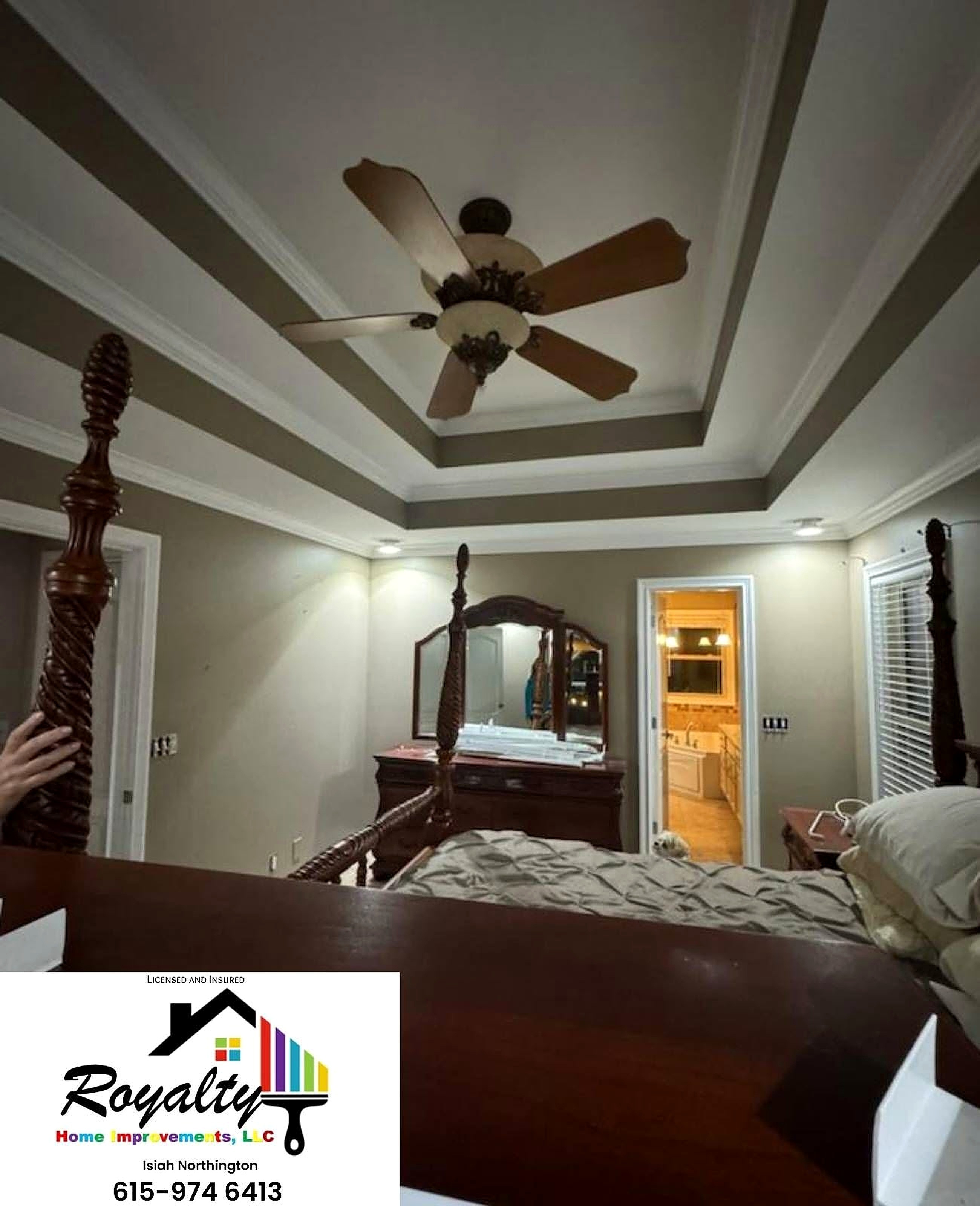 Bedroom with a detailed coffered ceiling and clean trim