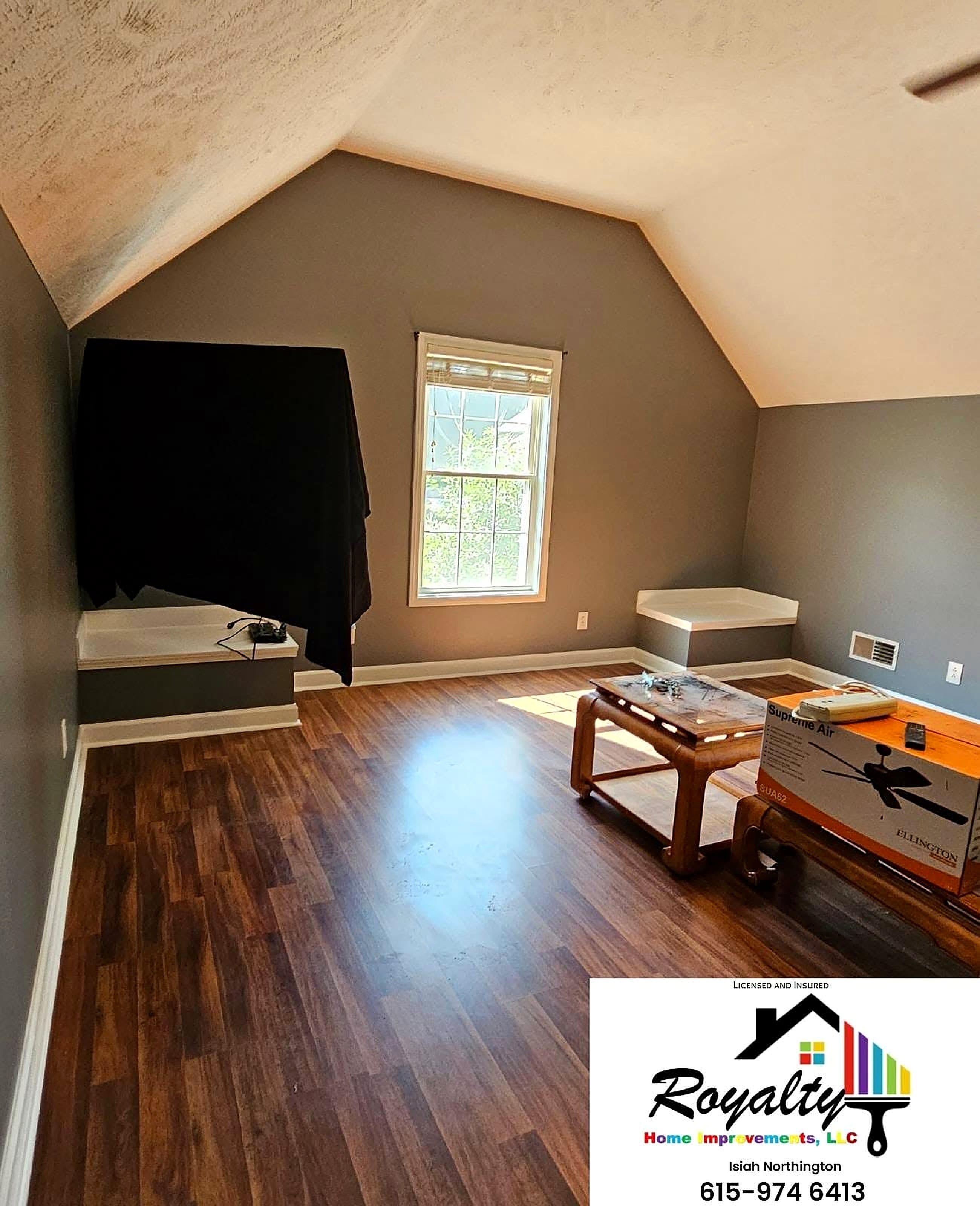 Refreshed bonus room with warm wood flooring and bright trim