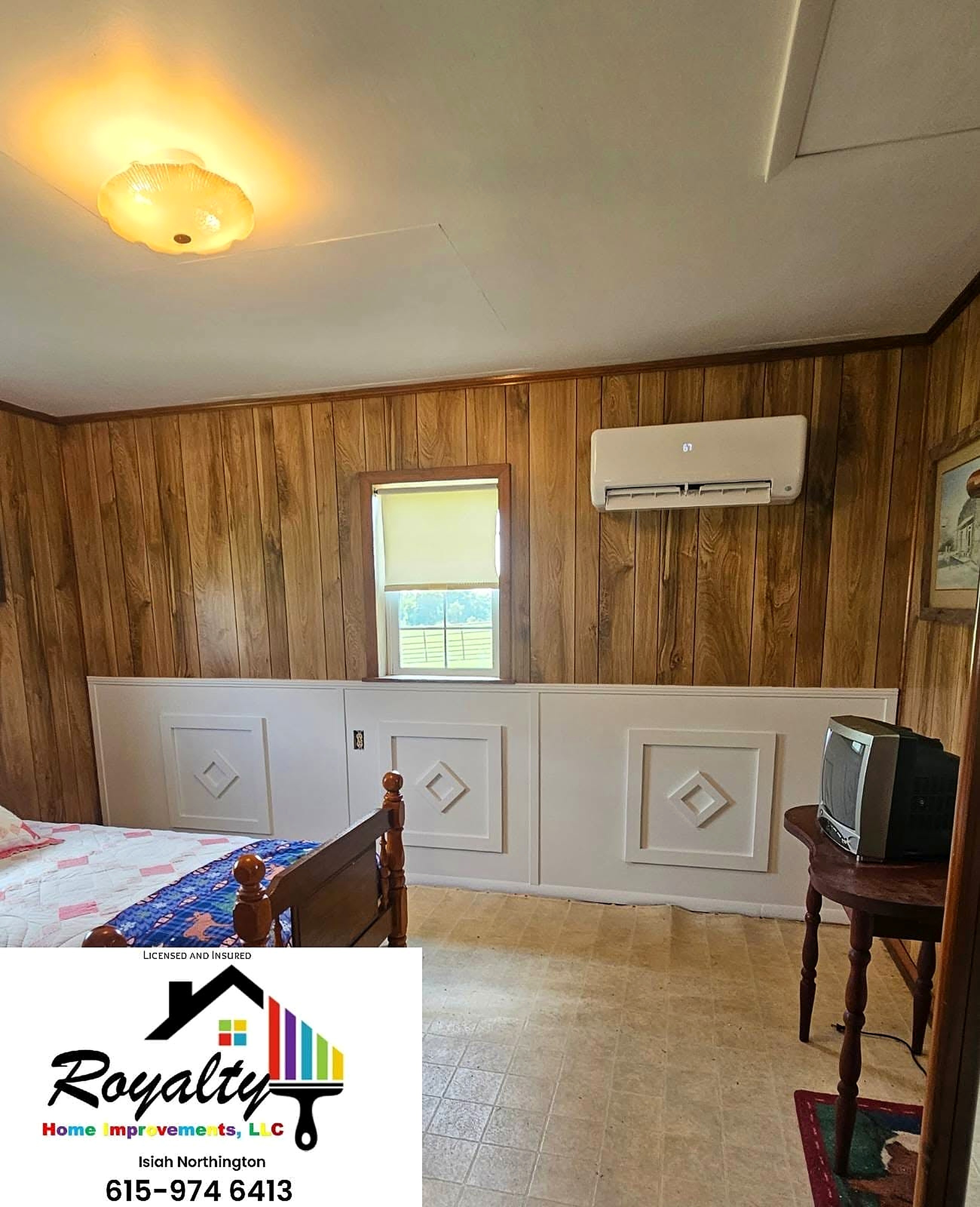 Refreshed wood-paneled room with bright lower-wall finish