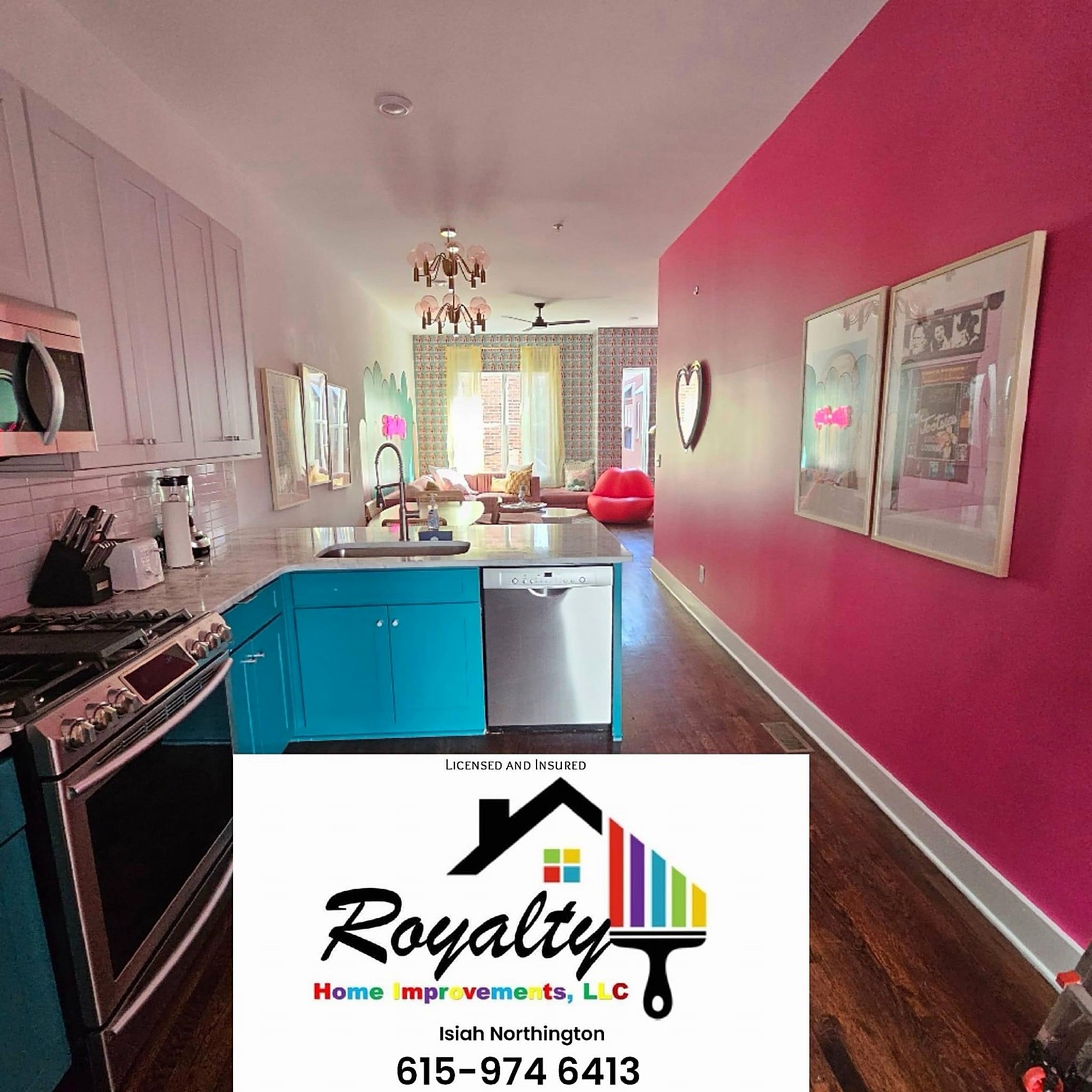 Colorful kitchen with turquoise cabinets and a vivid pink accent wall