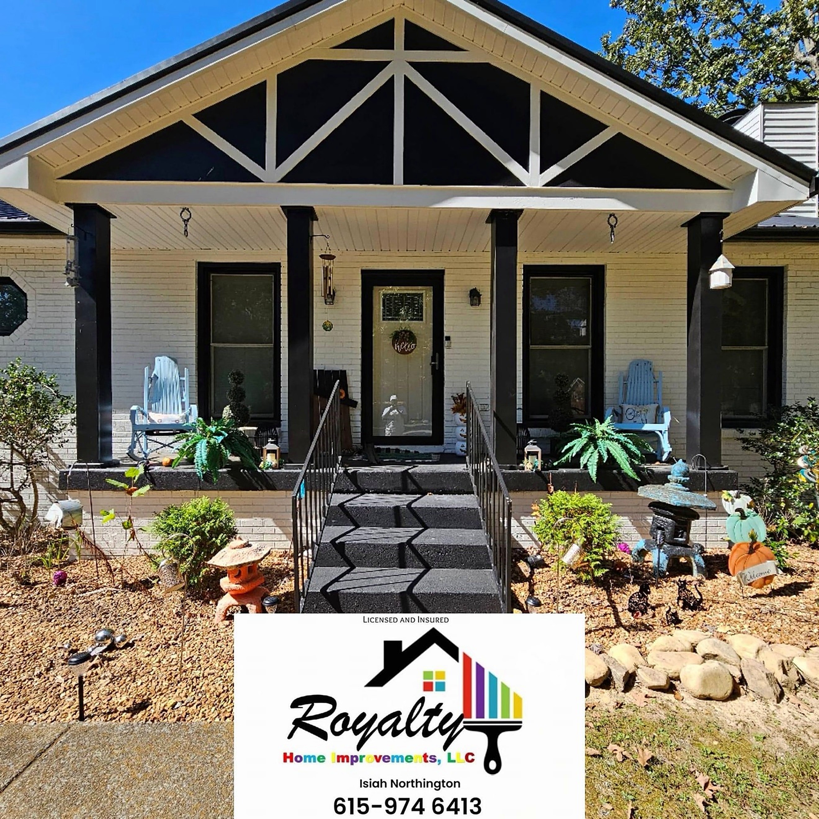 Welcoming front porch with crisp trim and dark steps