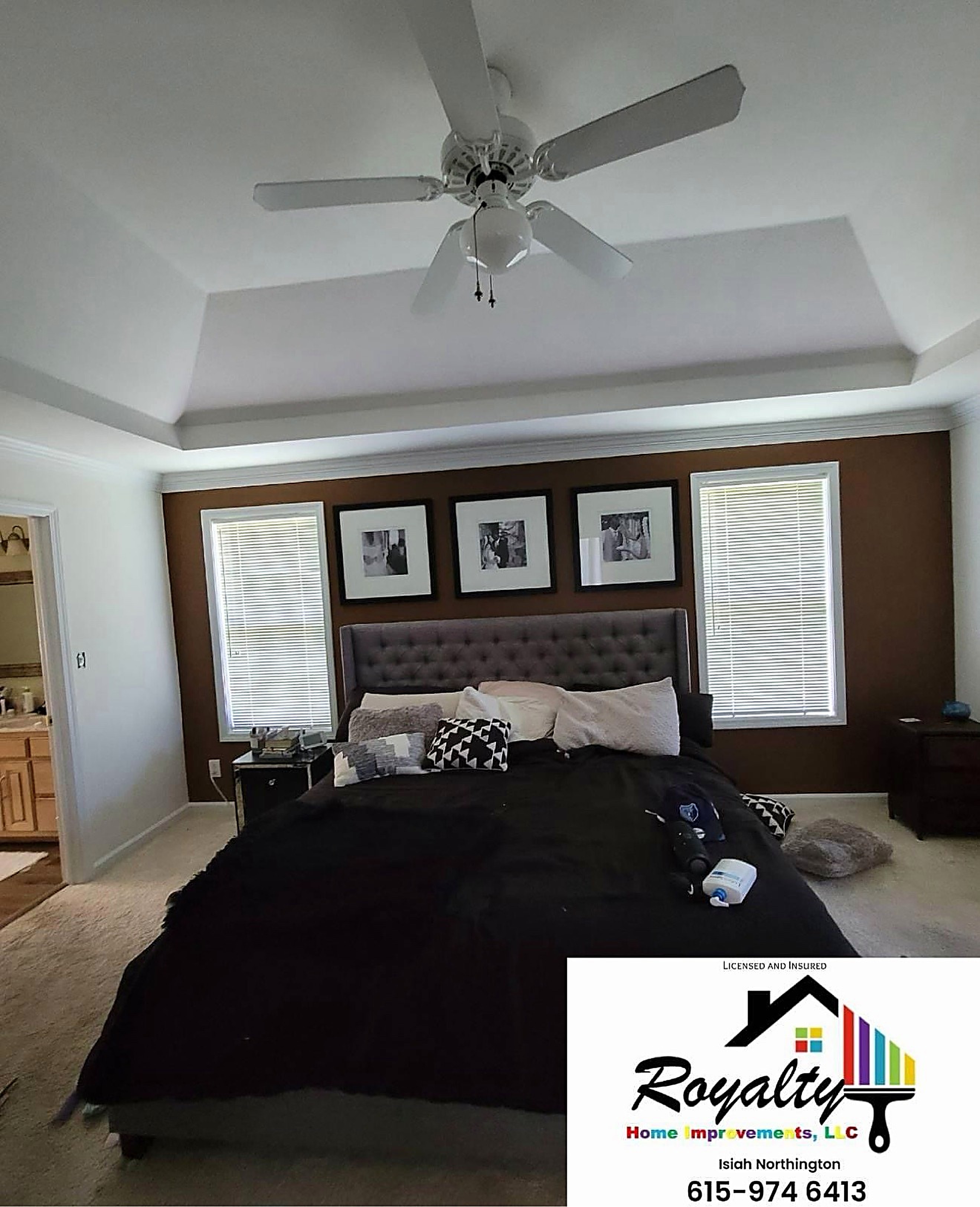 Finished living room with warm brown walls and bright white ceiling