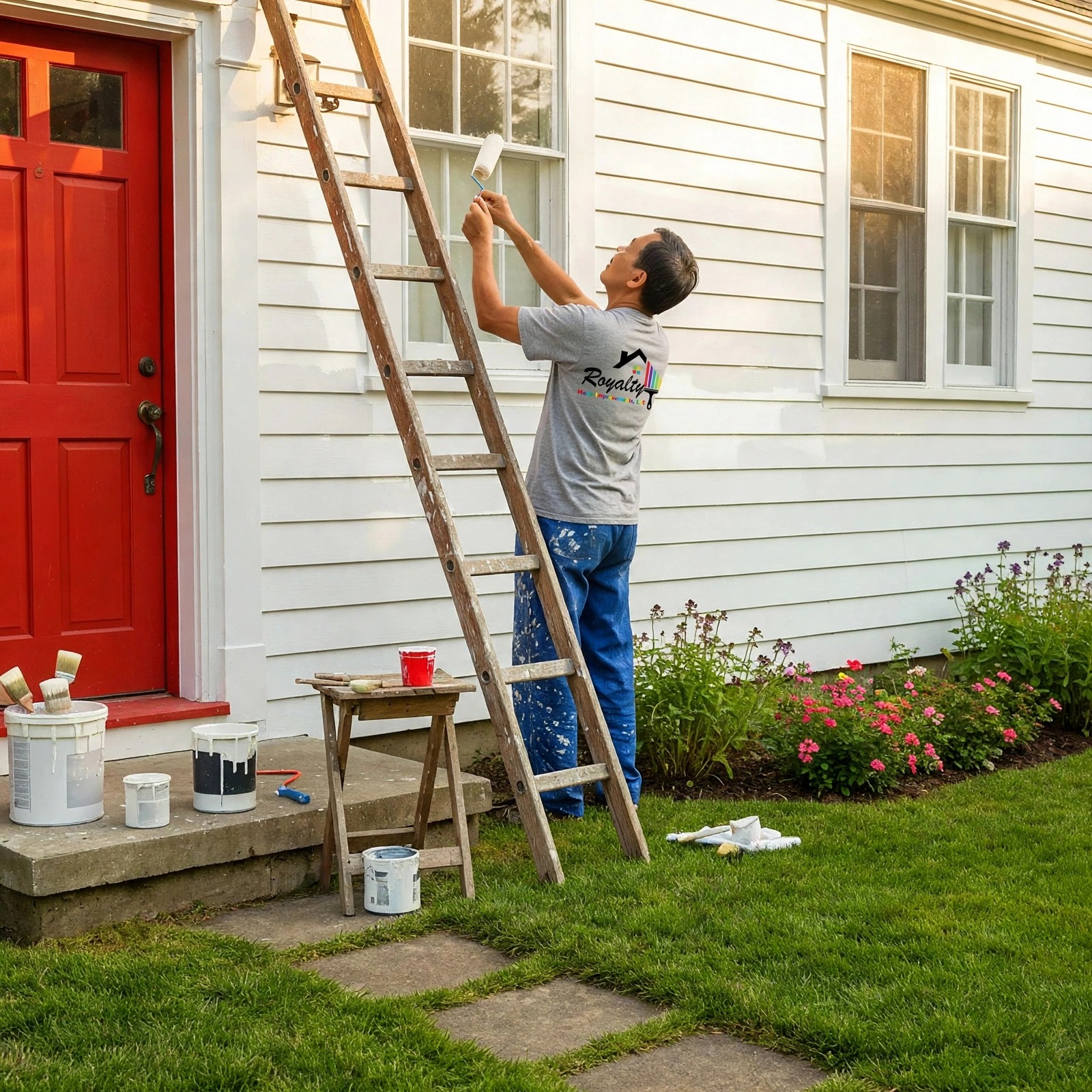 Professional painter in a Royalty Home Improvement shirt painting exterior siding
