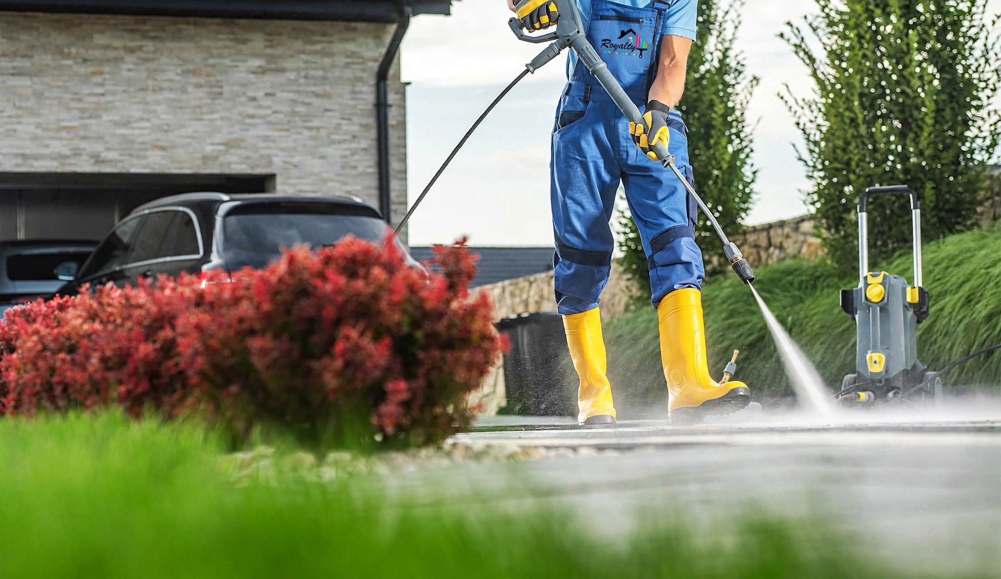 Professional in Royalty Home Improvement workwear power washing a driveway